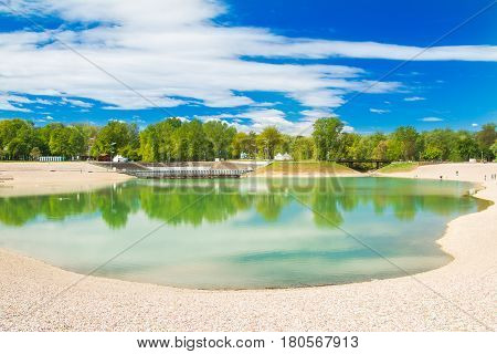 Beautiful Bundek lake in Zagreb, Croatia, in spring, blue sky