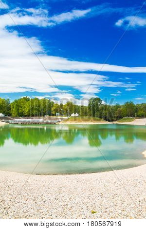 Beautiful Bundek lake in Zagreb, Croatia, in spring, blue sky