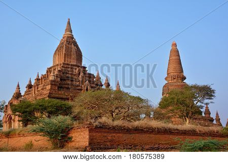 Beautiful Old Pagodas At The Sunset In Bagan Archeological Zone, Myanmar.