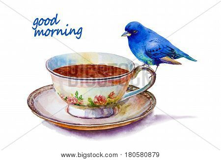 Party colorful tea cups and saucers with blue bird closeup. Sketch handmade. Postcard for Valentine's Day. Watercolor illustration.