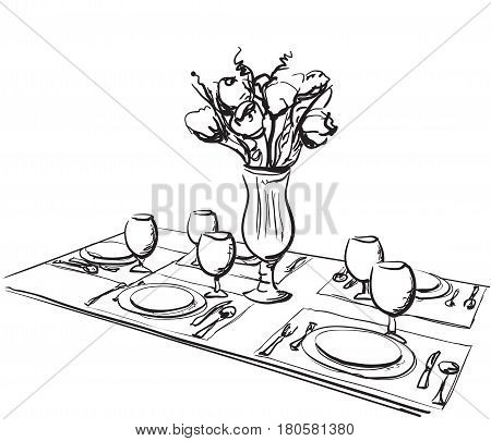 Hand Drawn wares sketch. Romantic dinner for two.