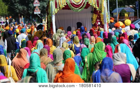 Vicenza, Vi, Italy - April 8, 2017: Many People Sikh Procession Pray During A Religious Ceremony For