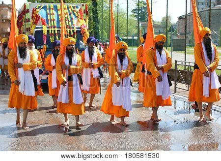 Vicenza, Vi, Italy - April 8, 2017: Procession Of Sikh People During The Nagar Kirtan Festival