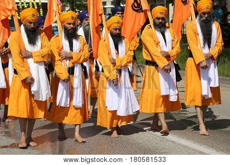 Vicenza, Vi, Italy - April 8, 2017: Procession Of Sikh People