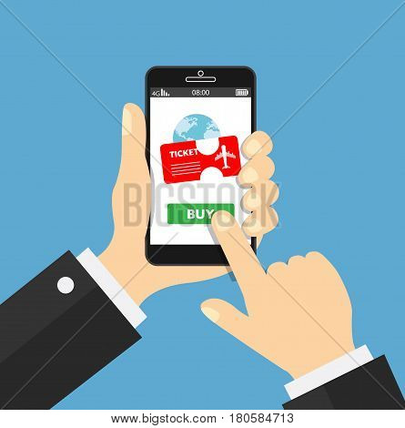 Buying a plane ticket online. Hand hold mobile phone. Vector stock.