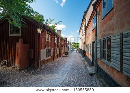 Skansen open-air museum and zoo in Sweden located on the island Djurgården in Stockholm. Old swedish traditional village. Scandinavia Europe.