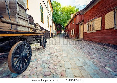 Skansen open-air museum and zoo in Sweden located on the island Djurgården in Stockholm. Old swedish traditional village. Scandinavia Europe.