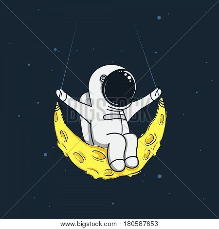 Spaceman sway on the moon like a swing boat.Childish vector illustration