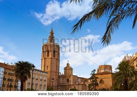 Valencia Miguelete Micalet Cathedral tower in Reina square at Spain