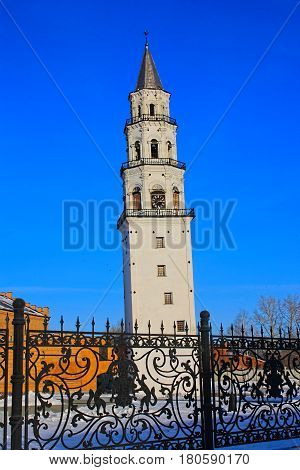 Demidov leaning Tower Nevyansk winter. Russian Federation.