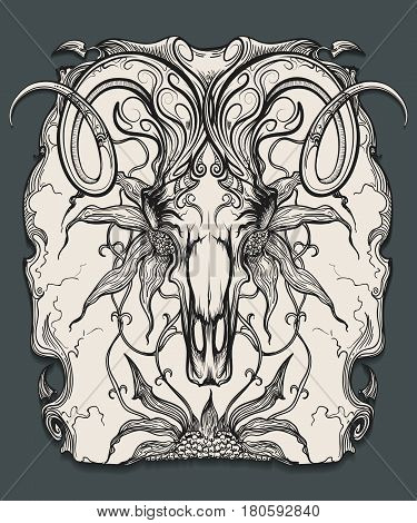Ram skull with horns and flowers. Animal skull drawn in engraving style. Vector illustration