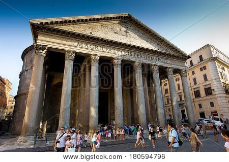 Pantheon, Rome, Italy - July 10. 2012.: Tourists visit the Pantheon on July 10. 2012. The Pantheon is a famous church in Rome, built in the 2nd century.