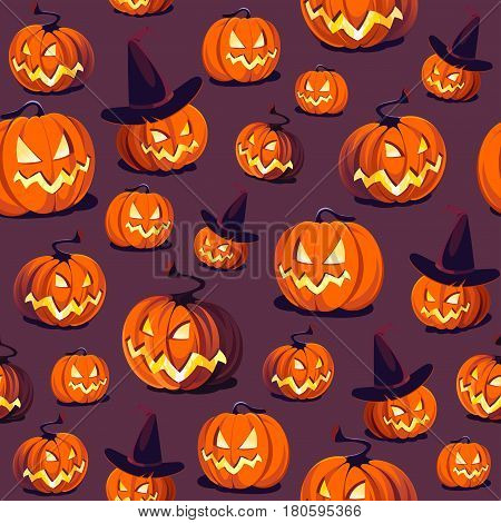 Seamless Halloween Pattern with Pumpkins on dark background.