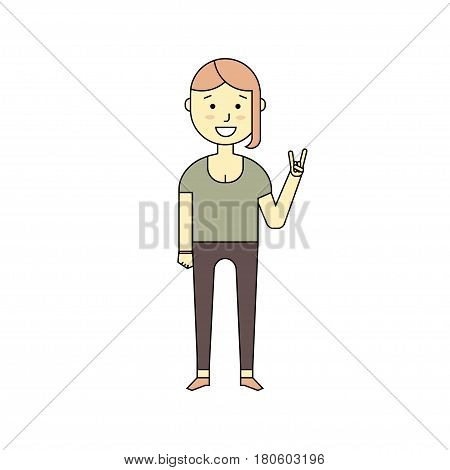 Smiling girl character with long forelock minimalism cartoon flat style vector art illustration. Standing hipster girl with Rocker gesture