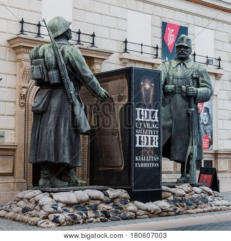 Budapest, Hungary - March 09, 2017: Sculpture of soldiers dedicated to World War located on the Ybl Miklos street in Buda bank of the Danube river