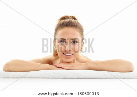Woman face portrait isolated on white with healthy skin