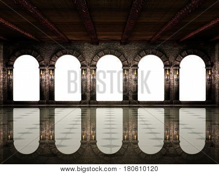 Dark medieval castle hall with arches and torches.3d illustration.
