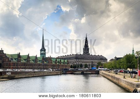 COPENHAGEN, DENMARK - JUNE 29, 2016:It is the island of Slotsholmen on which the Christianborg Palace and the former stock exchange Borsen are located.