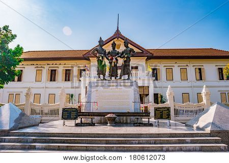 The sculpture of three kings monument in town which is a symbol of Chiang Mai province, Thailand.