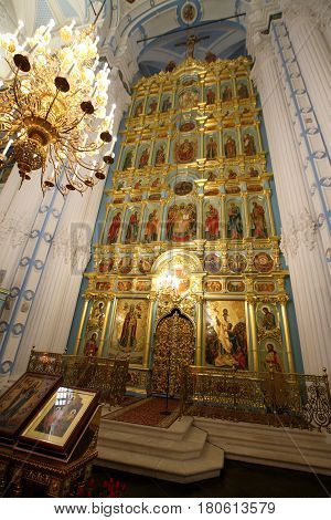 ISTRA RUSSIA-MARCH 03 2017: The iconostasis of the resurrection Cathedral in New Jerusalem monastery. Istra Moscow region.