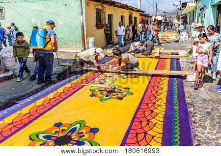 Antigua, Guatemala - March 26 2017: Locals make dyed sawdust Lent procession carpets in colonial town with most famous Holy Week celebrations in Latin America.