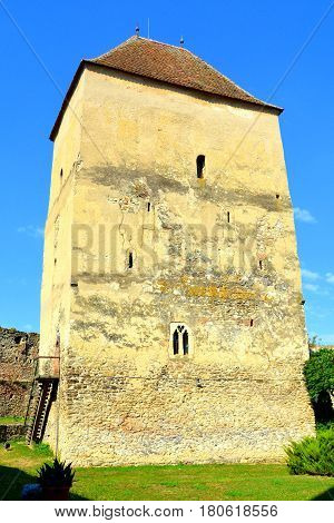 Tower of the medieval fortified saxon church in Calnic, Transylvania, a village known for its castle, which is on UNESCO's list of World Heritage Sites