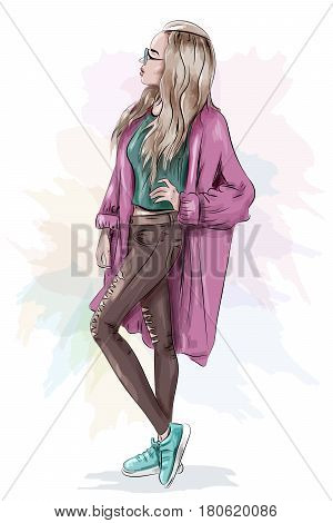 Stylish beautiful girl in casual clothes: jeans, crop top and sneakers. Sketch. Vector illustration.