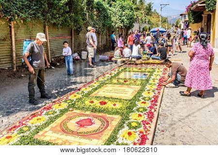 Antigua, Guatemala - March 26 2017: Locals make Lent procession carpets of flowers in colonial town with most famous Holy Week celebrations in Latin America.