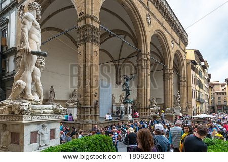 FLORENCE, ITALY - MAY 11, 2014: Piazza della Signoria (Signoria square) with Renaissance sculpture. This place is one of the main attractions of the city.