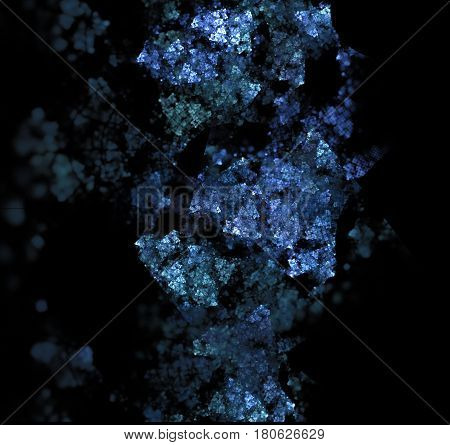 Black abstract background with triangle fractal texture. Blue frost exploding on dark backdrop. Turquoise crushed ice crystals in 3d space.