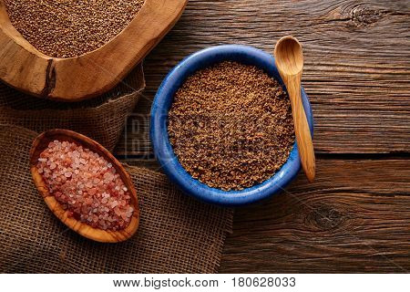 Sesame seeds gomasio seasoning ingredients with Himalayas salt