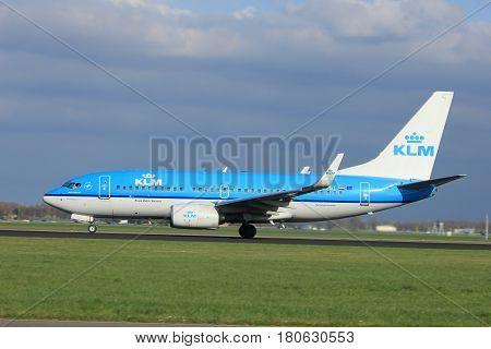 Amsterdam the Netherlands - April 7th 2017: PH-BGT KLM Royal Dutch Airlines Boeing 737 takeoff from Polderbaan runway Amsterdam Airport Schiphol