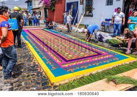 Antigua, Guatemala - March 26 2017: Locals make dyed sawdust Lent procession carpets in colonial town with most famous Holy Week celebrations in Latin America.