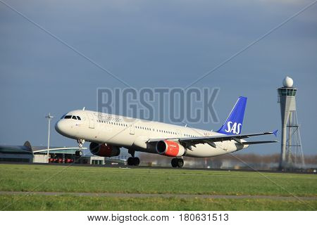 Amsterdam the Netherlands - April 7th 2017: OY-KBL SAS Scandinavian Airlines Airbus A321 takeoff from Polderbaan runway Amsterdam Airport Schiphol