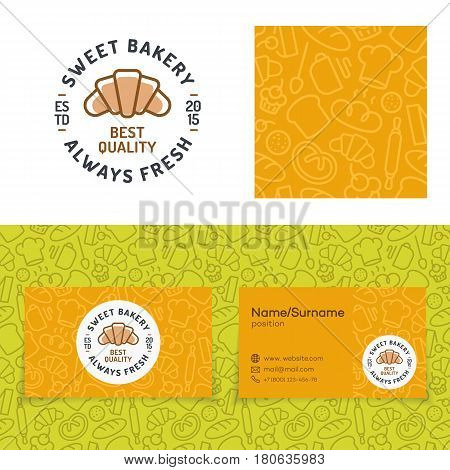 Sweet bakery set with baking pattern, card and logo consisting of croissant and sign always fresh for identity baking firm, coffee shop, loaf store, food market, cafe, bread house. Vector Illustration
