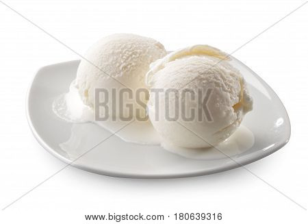 Two natural melted ice cream balls close-up isolated on white background