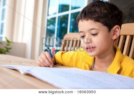 年轻的男孩独占他在室外设置的作业中