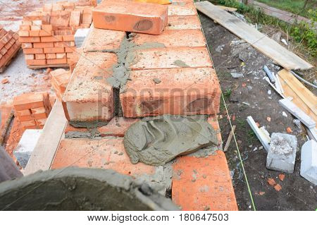 Bricklaying Brickwork Building Brick House Wall. Nobody.