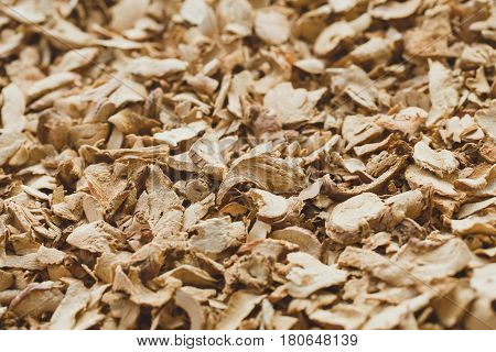 Thai Indian traditional Dried Herbal Galangal herb sliced.