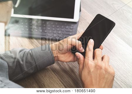 Hand Using Mobile Payments Online Shoppingomni Channelicon Customer Networkin Modern Office Wooden D