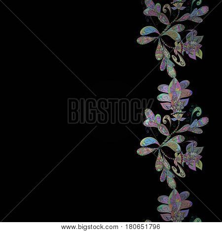 Vector Illustration Of Multicolored Flowers Leaves And Buds On A Black Background. Seamless Pattern 