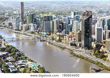 BRISBANE, AUSTRALIA - OCTOBER 18 2016: Aerial view of Brisbane looking over Southbank towards the CBD