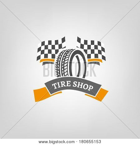 Car tire icon with finish flags in grey and orange colours useful for icon and logotype design on light background. Realistic graphic style. Digital pictogram collection. Beautiful vector illustration