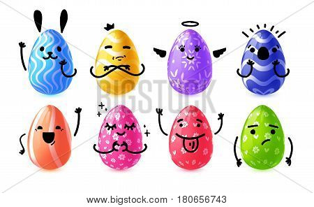Set design emotional eggs for Happy Easter. Collection happy, rabbit, cute character Easter Egg for banner, card, invitation egg hunt. Vector