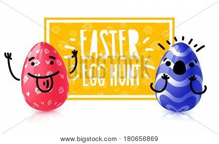 Template design banner for easter egg hunt event. Invitation for happy easter holiday with caartoon emotional character eggs. Vector