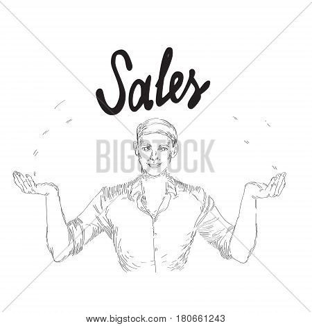 Vector eps illustration with office man raising and spresding hands showing sales word calligraphy hand lettering in retro vintage style