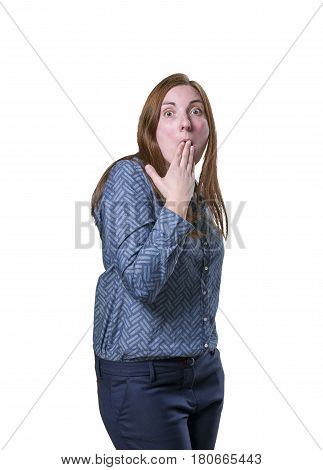 Pretty Business Woman Making Surprised Gesture Over White Background