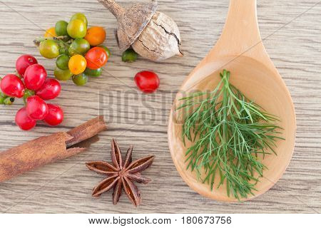 Green Herb Powder Capsules On Wooden Spoon