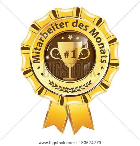 Employee of the Month (Translation of the German text: Mitarbeiter des Monats.) blue ribbon. Print colors used