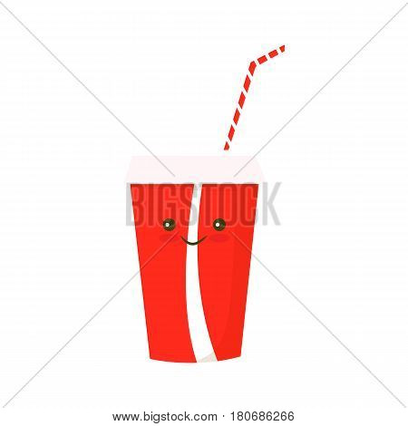 Kawaii Paper cup icon. Paper red cups with straws for soda or cold beverage. Illustration flat design. Drink icon. Fast food.